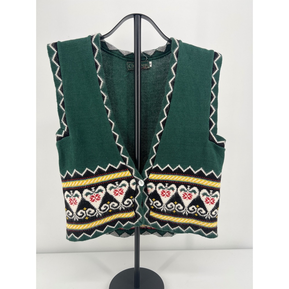 Cullinane Sweater Vest Fair Isle Green S Vintage 80s Strawberry Heart Pattern